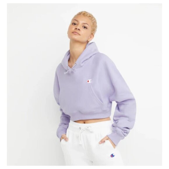 Champion Tops - Champion Women's Reverse Weave Drop Shoulder Cropped Hoodie Lilac Size 2XL